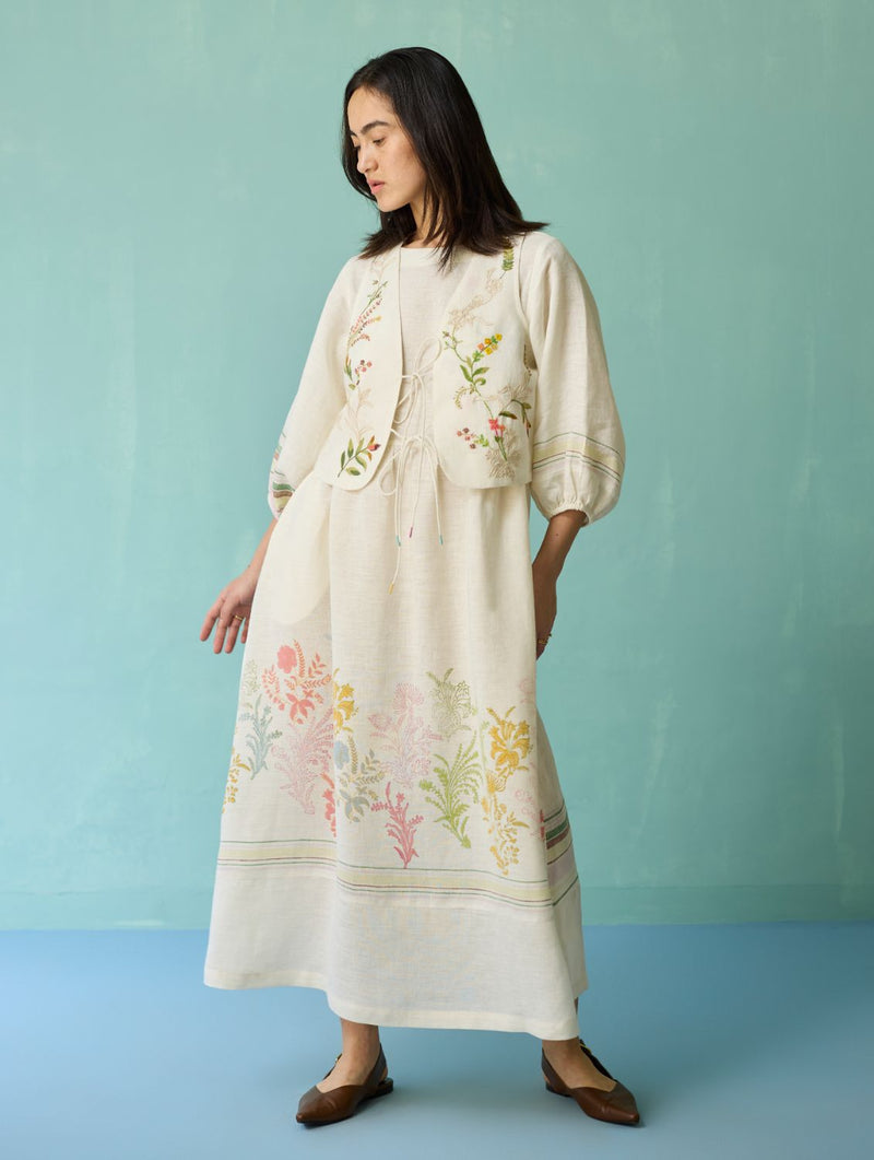 Ora Block-Printed Floral Linen Co-ord Set - Ivory linen co-ord set by Manan in ivory for women in Singapore