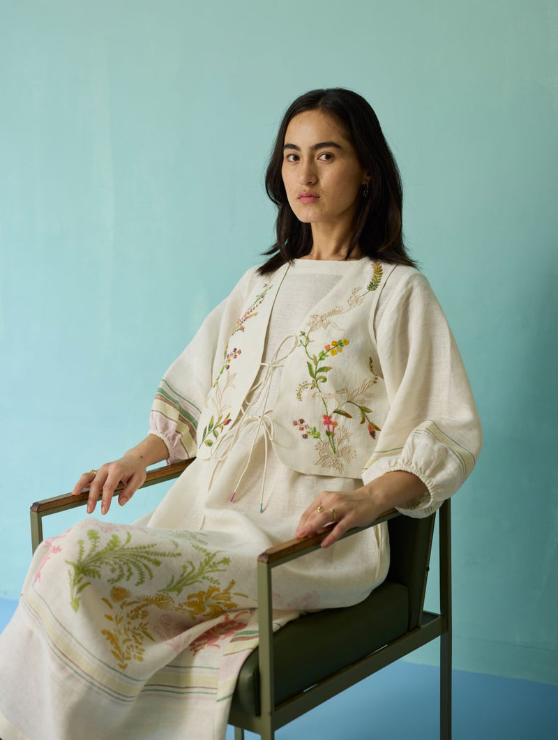 Ora Block-Printed Floral Linen Co-ord Set - Ivory linen co-ord set by Manan in ivory for women in Singapore