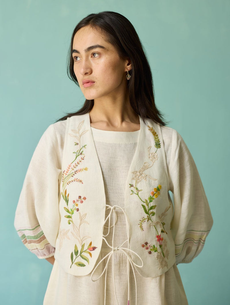 Ora Block-Printed Floral Linen Co-ord Set - Ivory linen co-ord set by Manan in ivory for women in Singapore