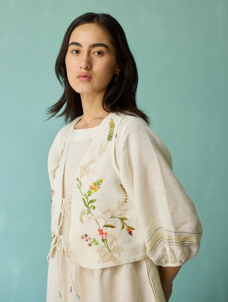 Ora Block-Printed Floral Linen Co-ord Set - Ivory linen co-ord set by Manan in ivory for women in Singapore