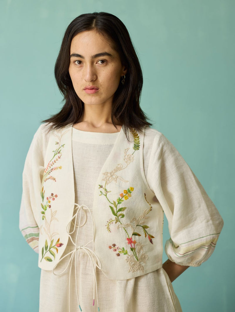 Ora Block-Printed Floral Linen Co-ord Set - Ivory linen co-ord set by Manan in ivory for women in Singapore