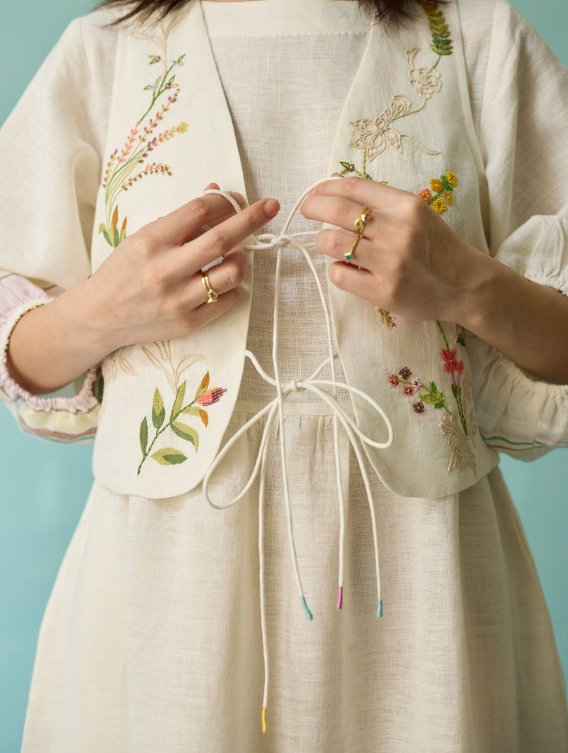 Ora Block-Printed Floral Linen Co-ord Set - Ivory linen co-ord set by Manan in ivory for women in Singapore