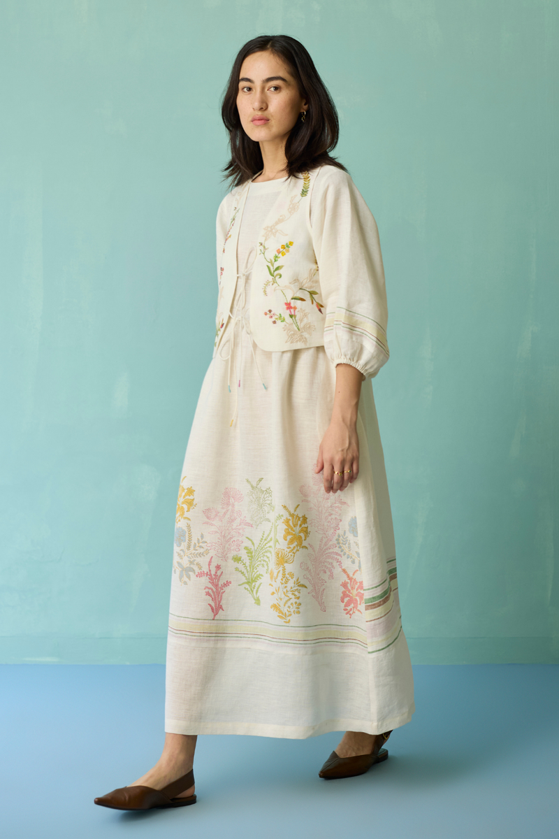 Ora Block-Printed Floral Linen Co-ord Set - Ivory linen co-ord set by Manan in ivory for women in Singapore