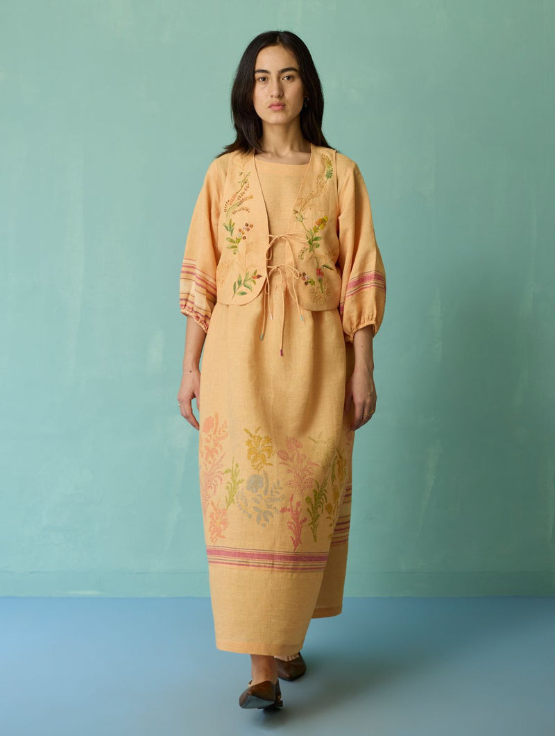 Ora Block-Printed Floral Linen Co-ord Set - Apricot linen co-ord set by Manan in apricot for women in Singapore
