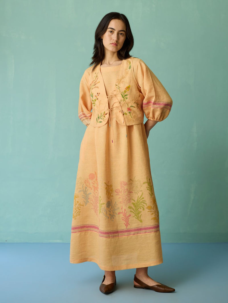 Ora Block-Printed Floral Linen Co-ord Set - Apricot linen co-ord set by Manan in apricot for women in Singapore