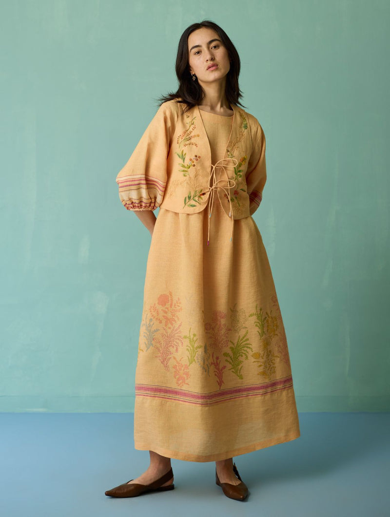 Ora Block-Printed Floral Linen Co-ord Set - Apricot linen co-ord set by Manan in apricot for women in Singapore