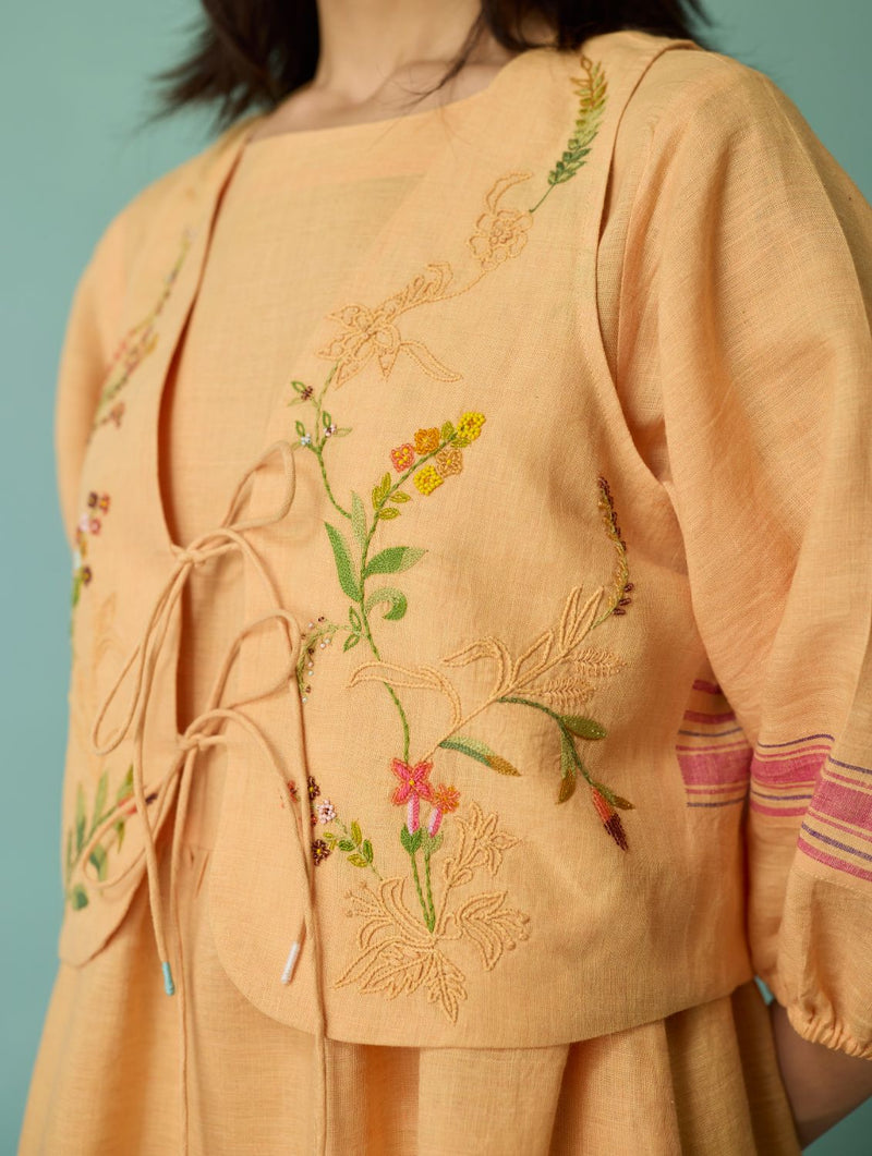 Ora Block-Printed Floral Linen Co-ord Set - Apricot linen co-ord set by Manan in apricot for women in Singapore