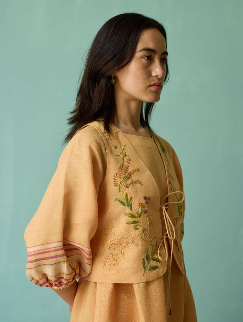 Ora Block-Printed Floral Linen Co-ord Set - Apricot linen co-ord set by Manan in apricot for women in Singapore