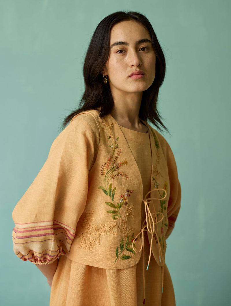Ora Block-Printed Floral Linen Co-ord Set - Apricot linen co-ord set by Manan in apricot for women in Singapore