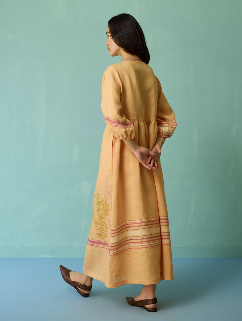 Ora Block-Printed Floral Linen Co-ord Set - Apricot linen co-ord set by Manan in apricot for women in Singapore
