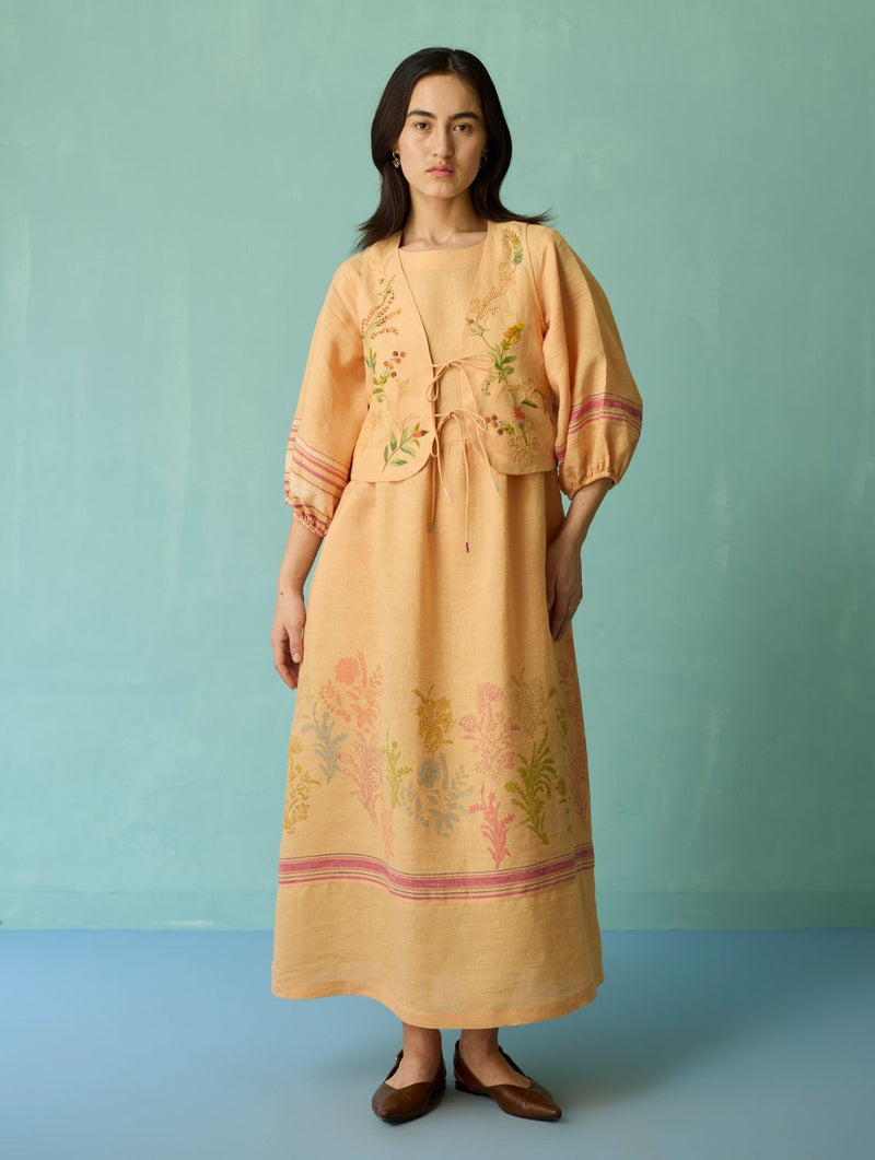 Ora Block-Printed Floral Linen Co-ord Set - Apricot linen co-ord set by Manan in apricot for women in Singapore