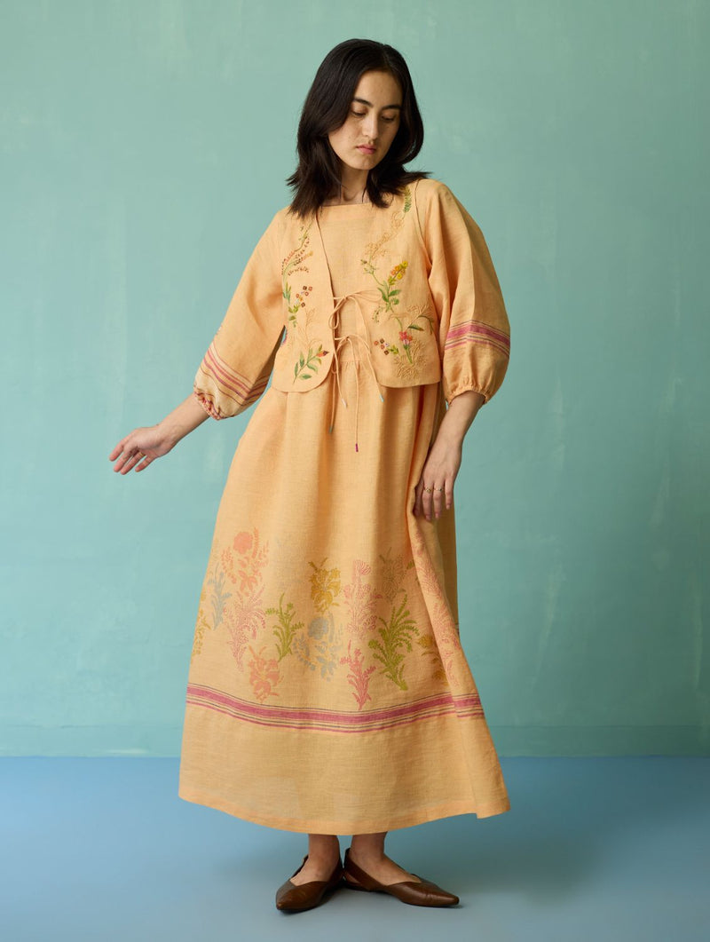 Ora Block-Printed Floral Linen Co-ord Set - Apricot linen co-ord set by Manan in apricot for women in Singapore