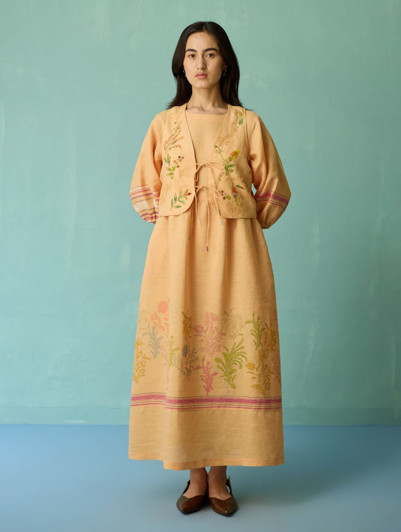 Ora Block-Printed Floral Linen Co-ord Set - Apricot linen co-ord set by Manan in apricot for women in Singapore