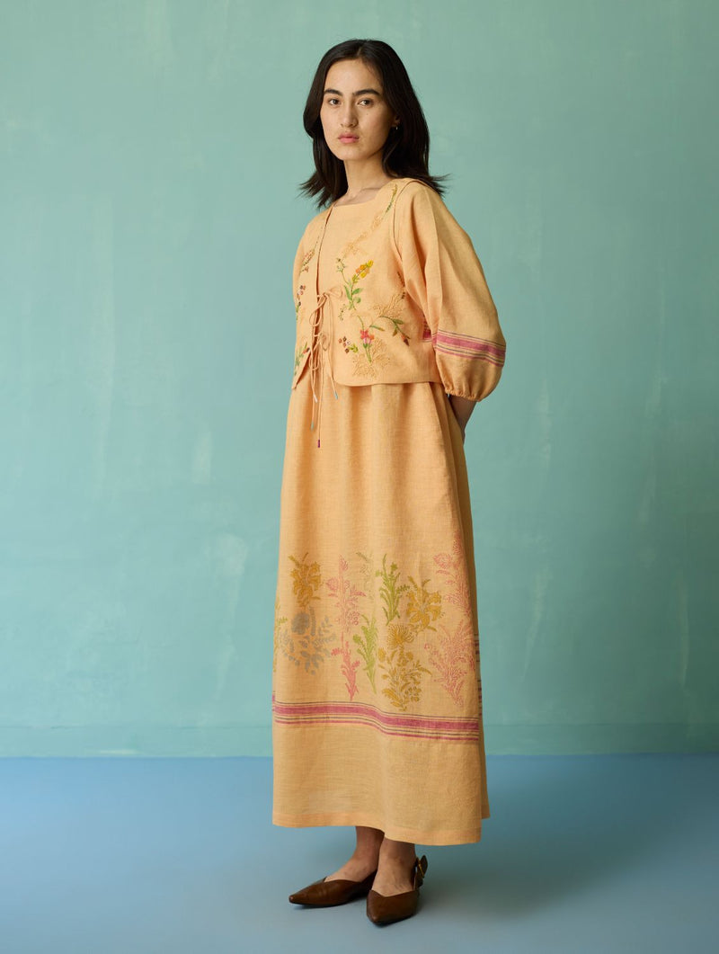 Ora Block-Printed Floral Linen Co-ord Set - Apricot linen co-ord set by Manan in apricot for women in Singapore