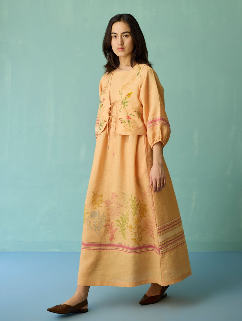 Ora Block-Printed Floral Linen Co-ord Set - Apricot linen co-ord set by Manan in apricot for women in Singapore