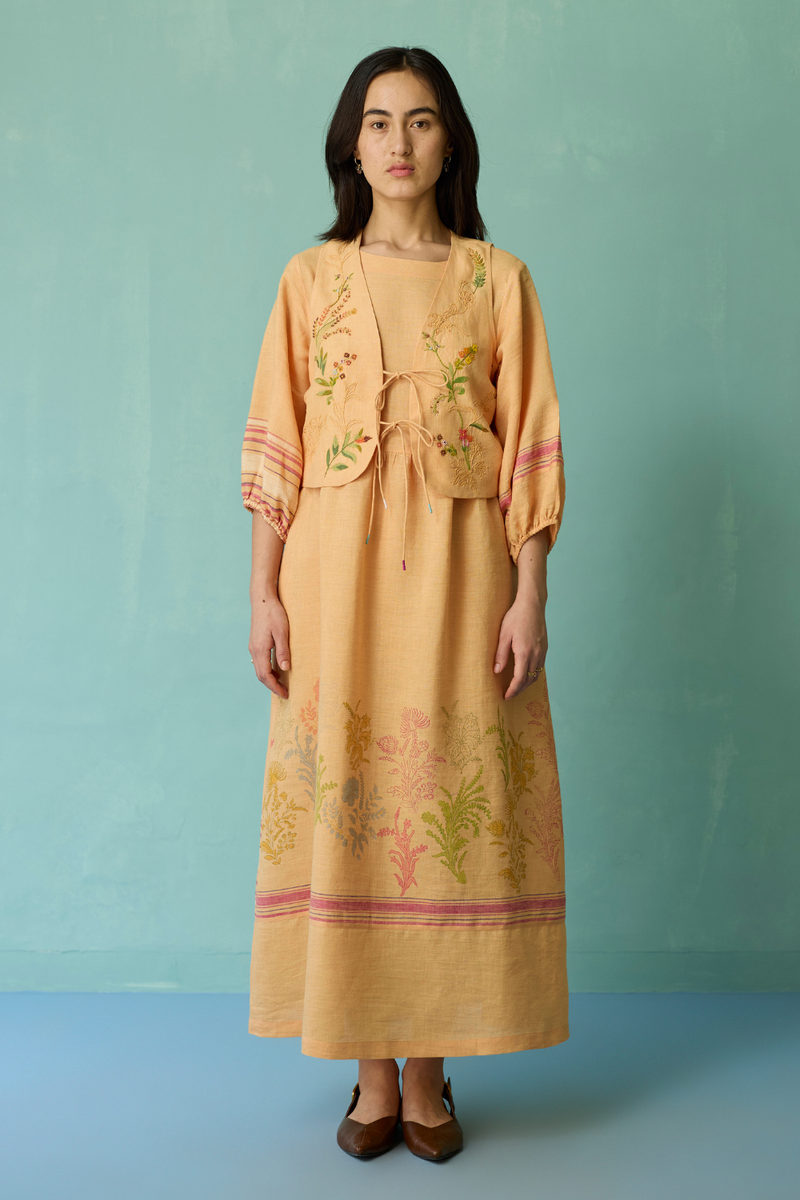 Ora Block-Printed Floral Linen Co-ord Set - Apricot linen co-ord set by Manan in apricot for women in Singapore