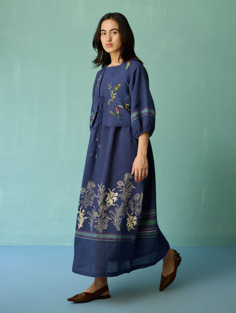 Ora Block-Printed Floral Linen Co-ord Set - Indigo linen co-ord set by Manan in navy for women in Singapore