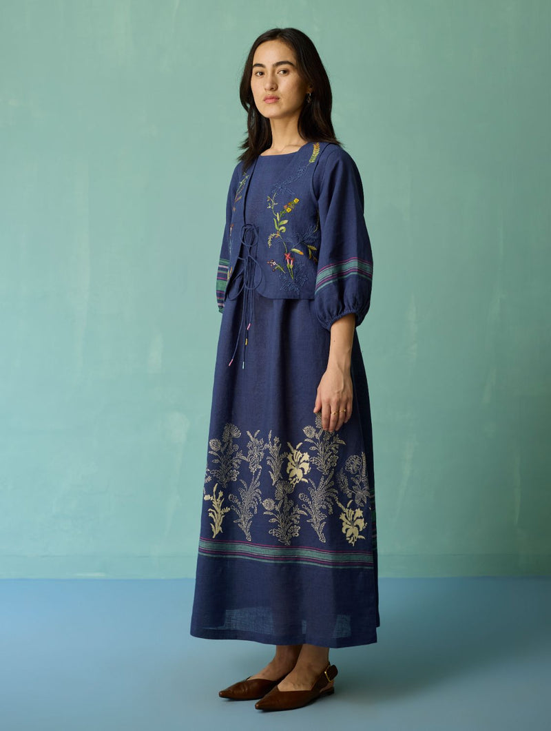 Ora Block-Printed Floral Linen Co-ord Set - Indigo linen co-ord set by Manan in navy for women in Singapore
