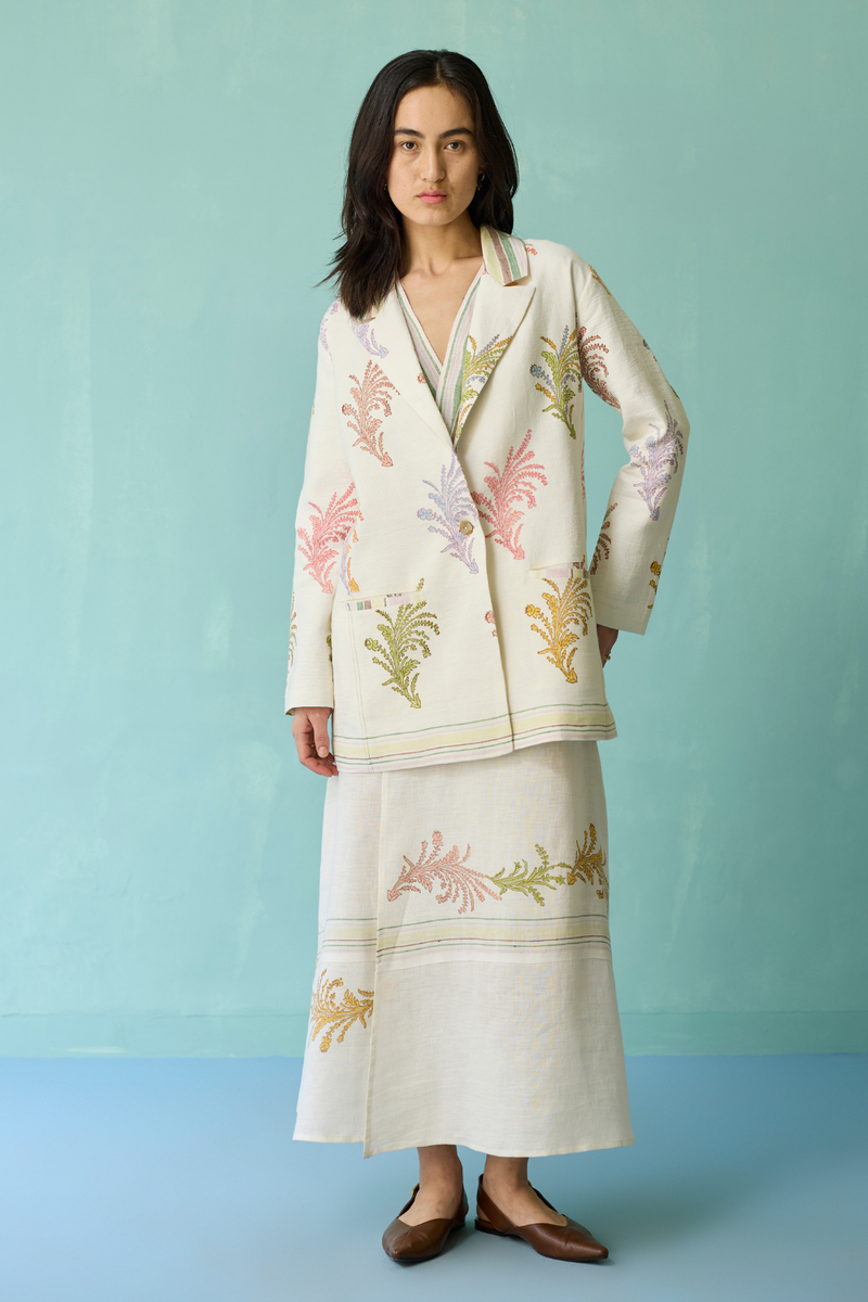 Sira Border Linen Floral Co-ord Set - Ivory linen co-ord set by Manan in ivory for women in Singapore