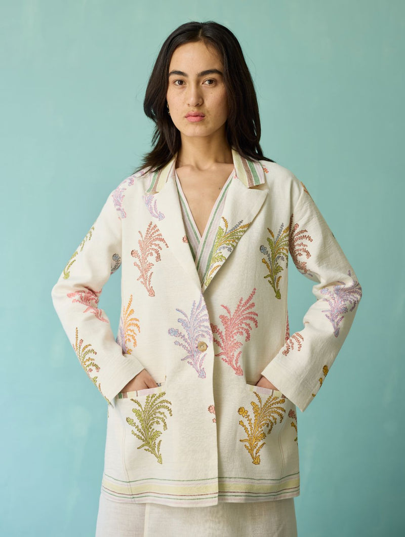 Sira Border Linen Floral Co-ord Set - Ivory linen co-ord set by Manan in ivory for women in Singapore