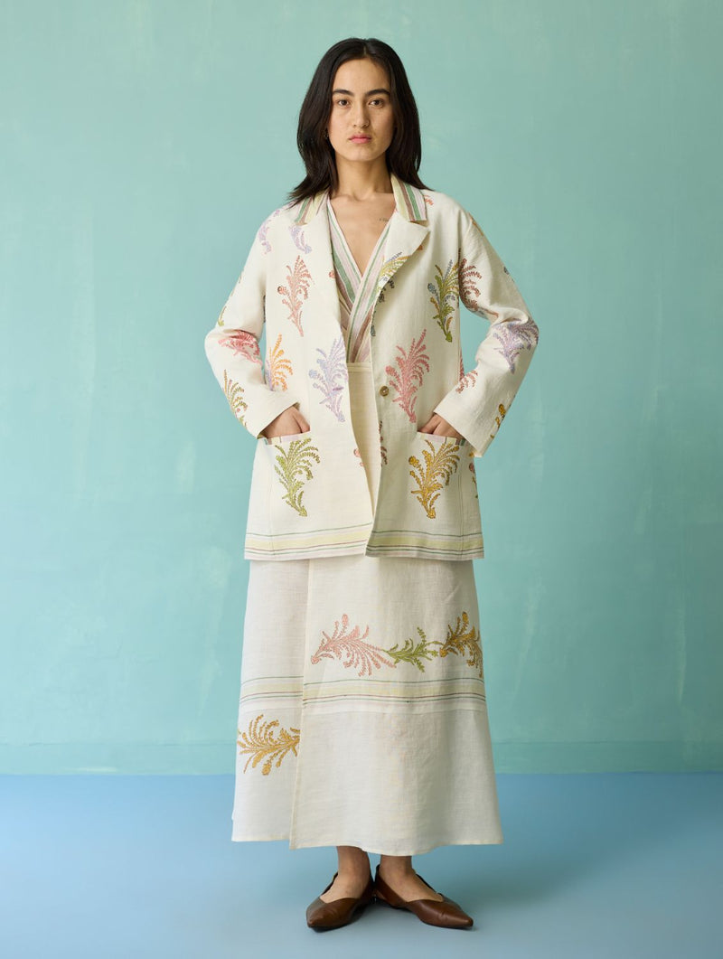 Sira Border Linen Floral Co-ord Set - Ivory linen co-ord set by Manan in ivory for women in Singapore