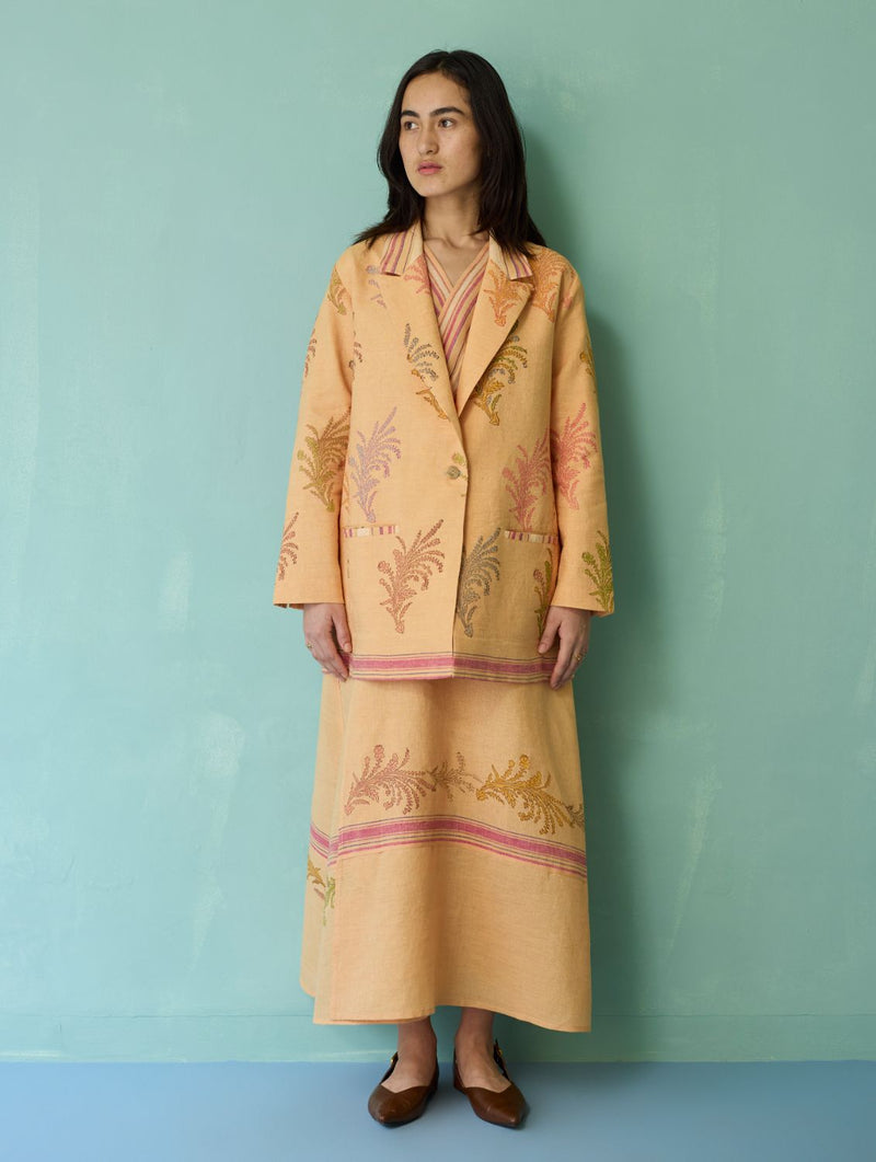 Sira Border Linen Floral Co-ord Set - Apricot linen co-ord set by Manan in apricot for women in Singapore