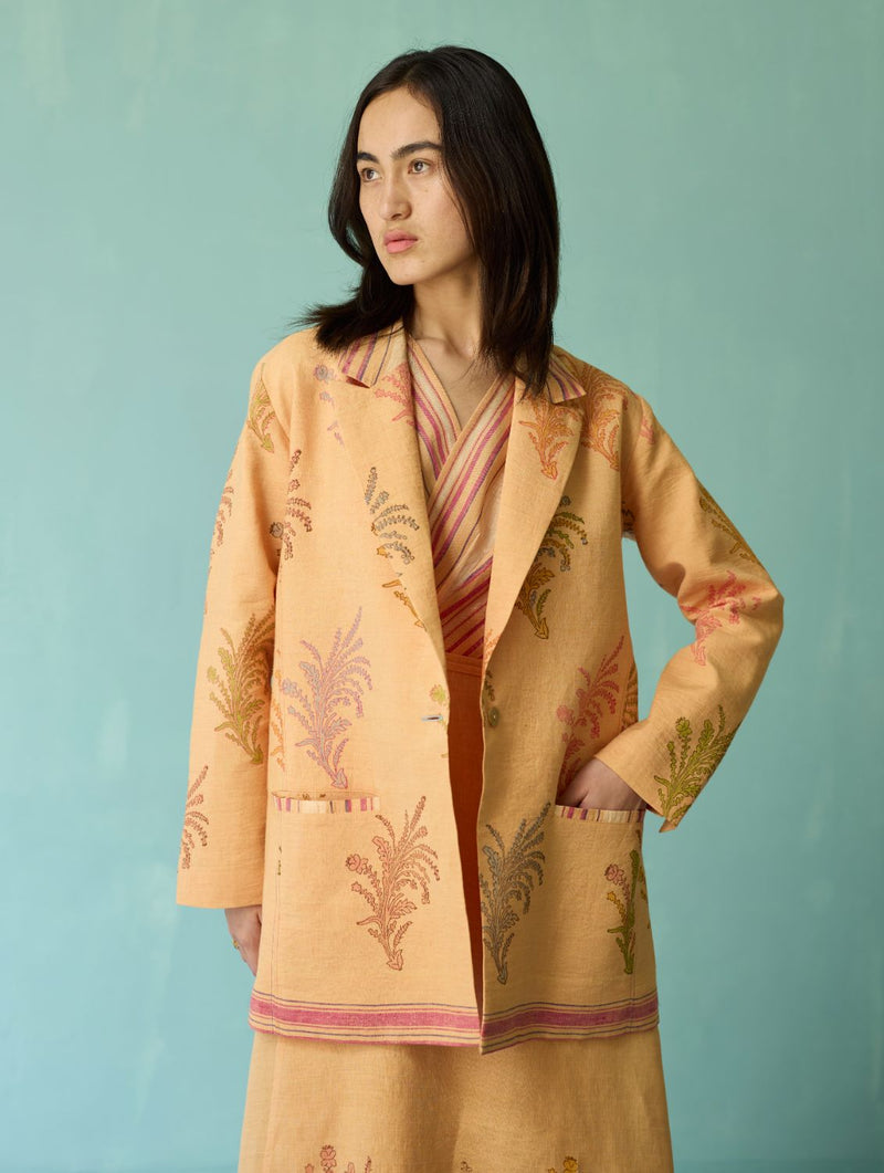 Sira Border Linen Floral Co-ord Set - Apricot linen co-ord set by Manan in apricot for women in Singapore