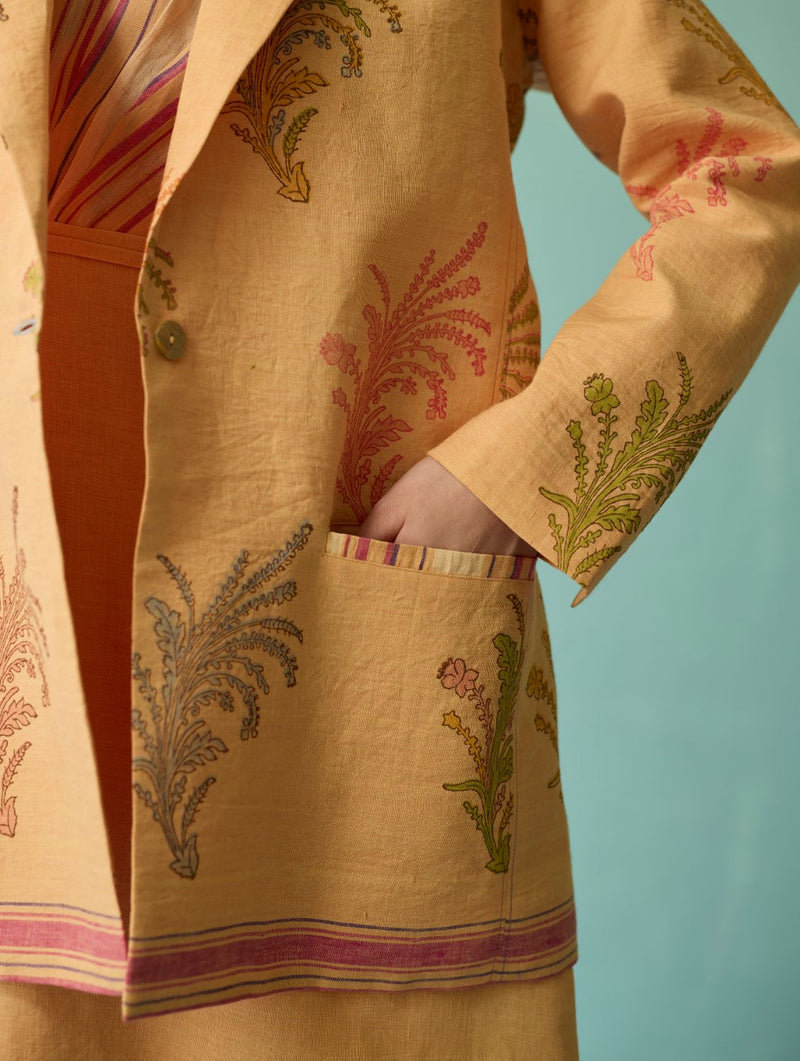 Sira Border Linen Floral Co-ord Set - Apricot linen co-ord set by Manan in apricot for women in Singapore