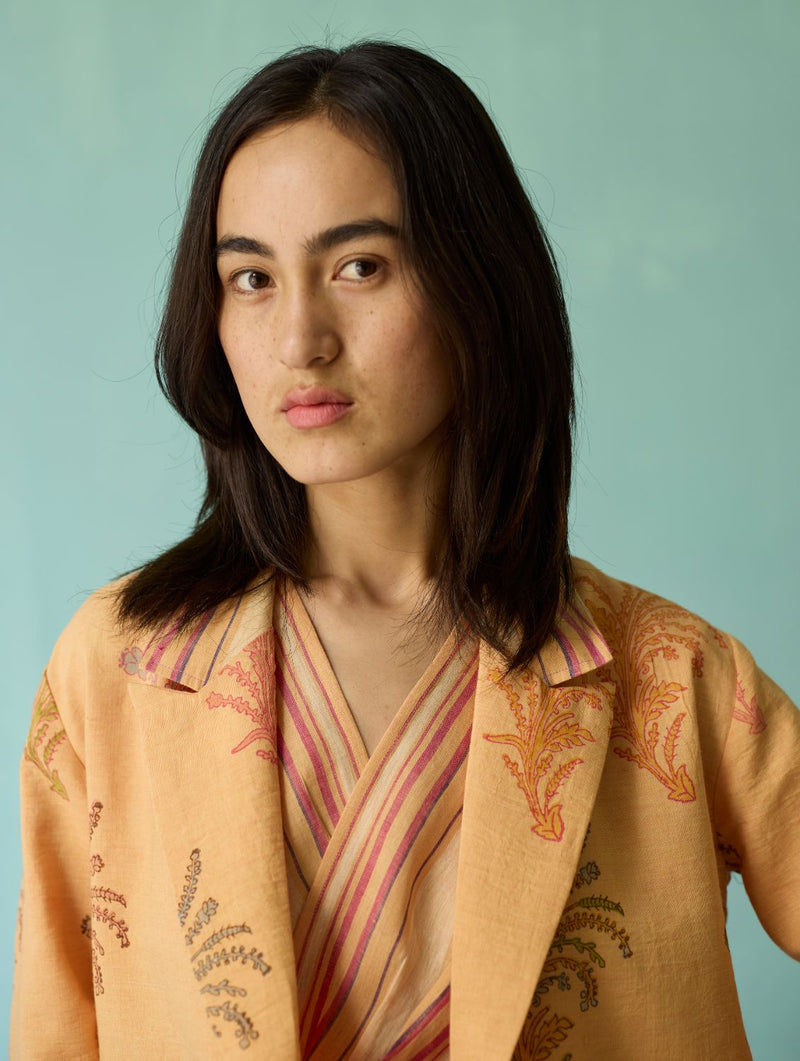 Sira Border Linen Floral Co-ord Set - Apricot linen co-ord set by Manan in apricot for women in Singapore