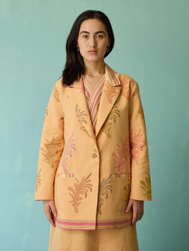 Sira Border Linen Floral Co-ord Set - Apricot linen co-ord set by Manan in apricot for women in Singapore