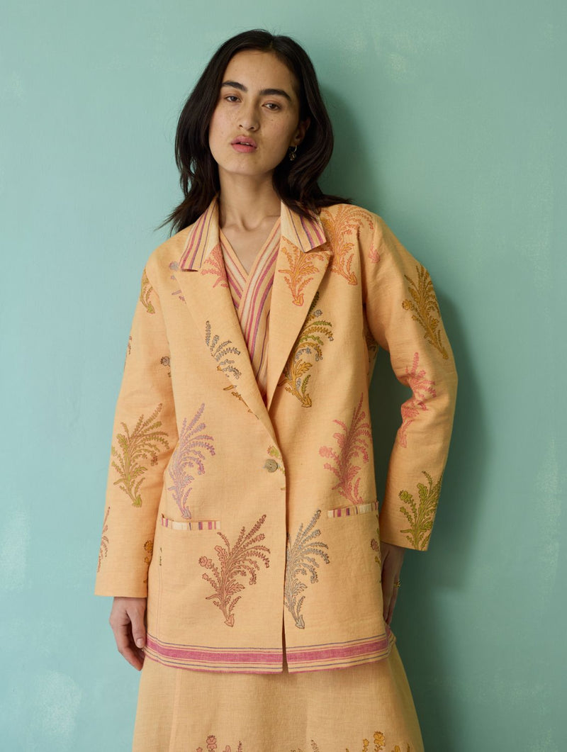 Sira Border Linen Floral Co-ord Set - Apricot linen co-ord set by Manan in apricot for women in Singapore