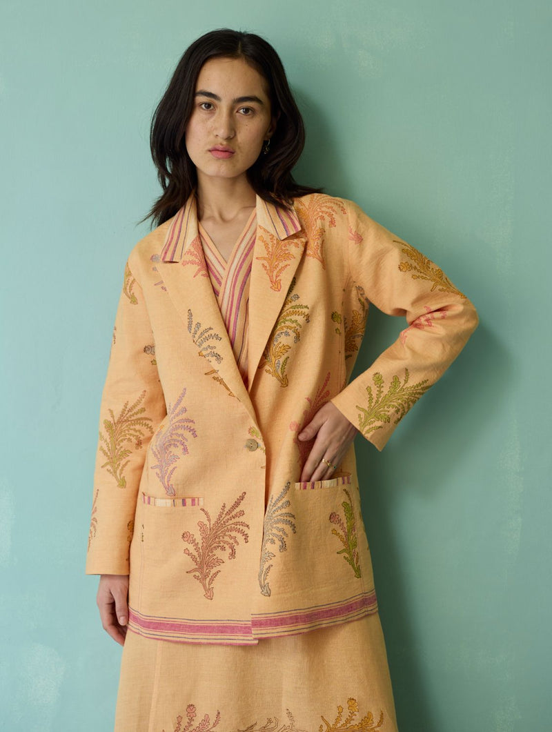 Sira Border Linen Floral Co-ord Set - Apricot linen co-ord set by Manan in apricot for women in Singapore
