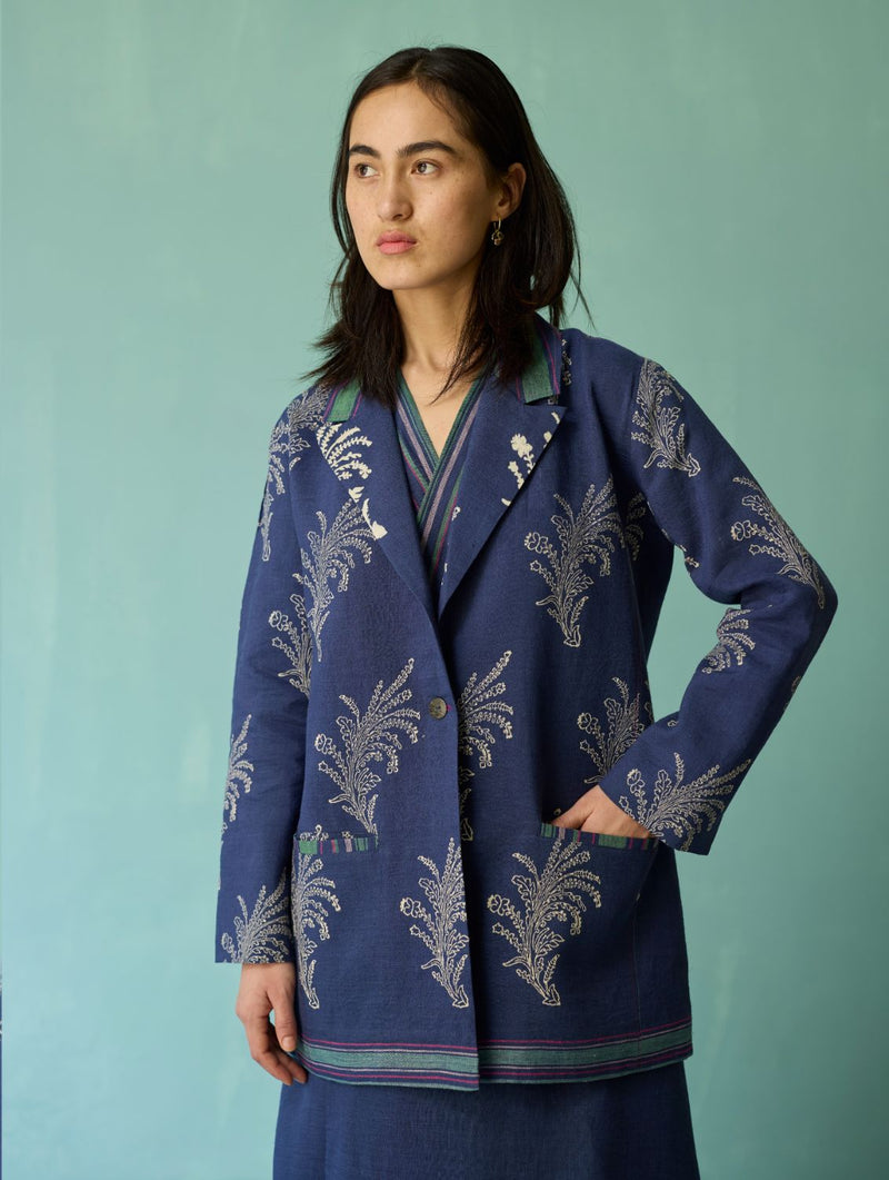 Sira Border Linen Floral Co-ord Set - Indigo linen co-ord set by Manan in navy for women in Singapore