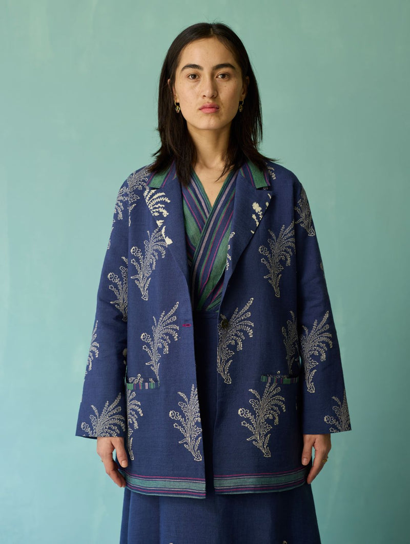 Sira Border Linen Floral Co-ord Set - Indigo linen co-ord set by Manan in navy for women in Singapore