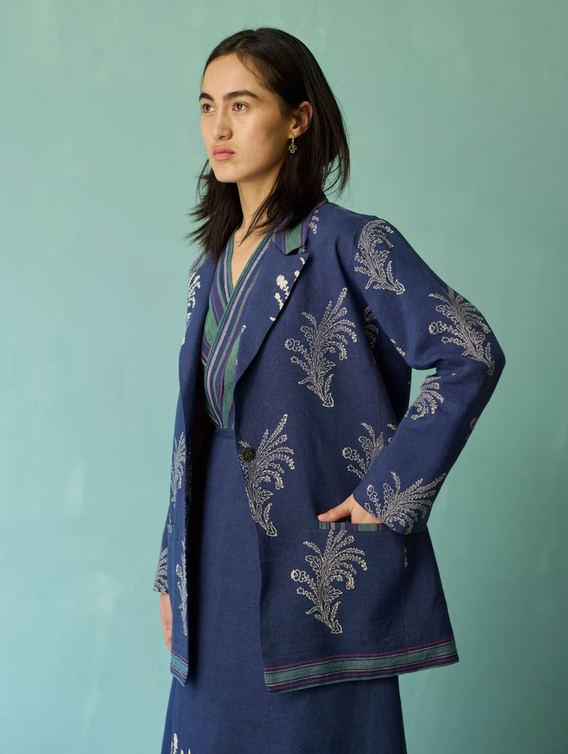 Sira Border Linen Floral Co-ord Set - Indigo linen co-ord set by Manan in navy for women in Singapore