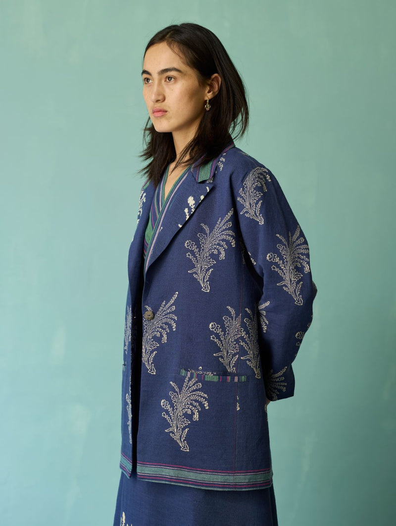 Sira Border Linen Floral Co-ord Set - Indigo linen co-ord set by Manan in navy for women in Singapore