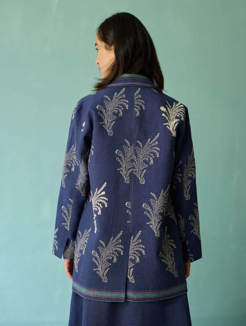 Sira Border Linen Floral Co-ord Set - Indigo linen co-ord set by Manan in navy for women in Singapore