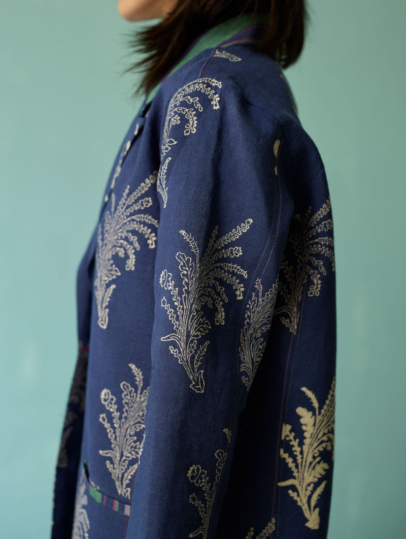 Sira Border Linen Floral Co-ord Set - Indigo linen co-ord set by Manan in navy for women in Singapore
