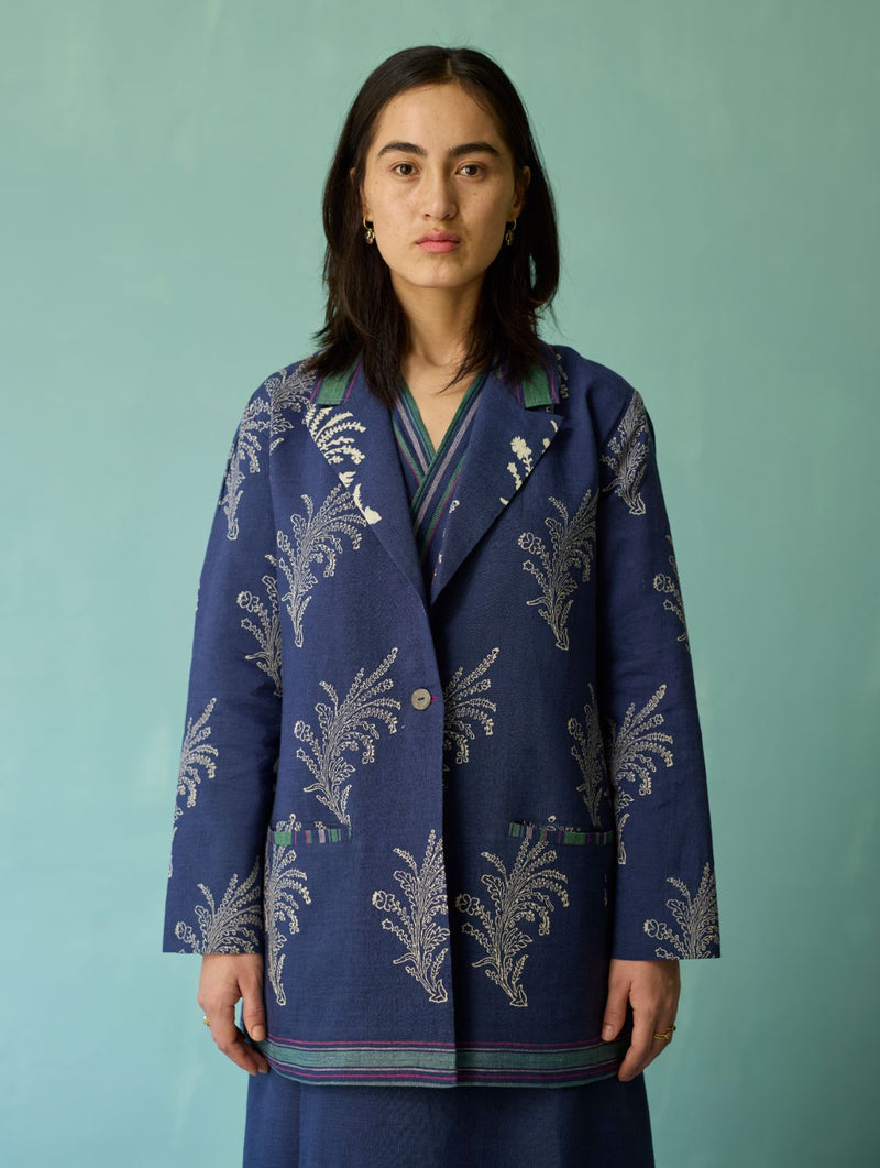 Sira Border Linen Floral Co-ord Set - Indigo linen co-ord set by Manan in navy for women in Singapore