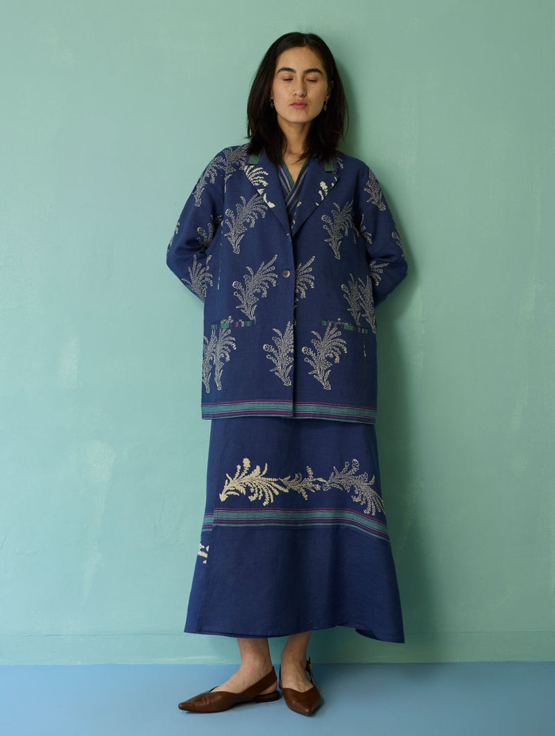 Sira Border Linen Floral Co-ord Set - Indigo linen co-ord set by Manan in navy for women in Singapore