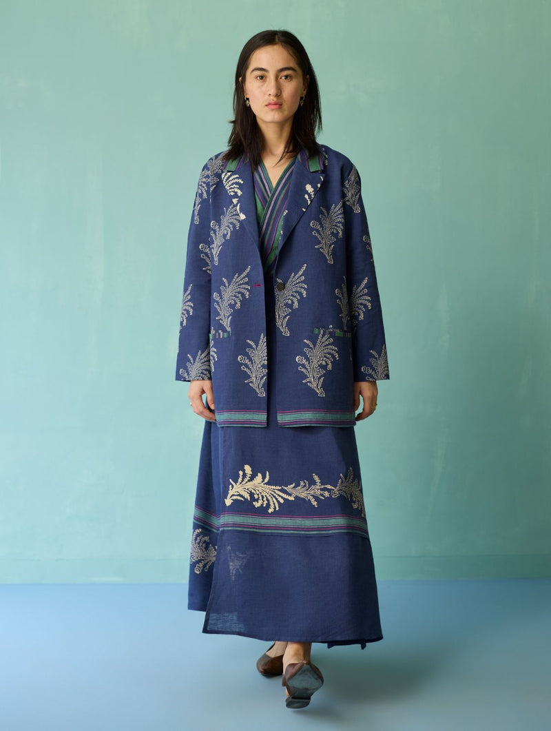 Sira Border Linen Floral Co-ord Set - Indigo linen co-ord set by Manan in navy for women in Singapore