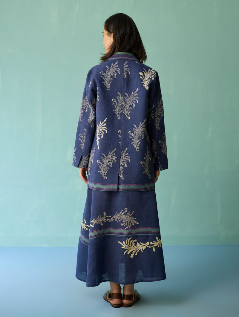 Sira Border Linen Floral Co-ord Set - Indigo linen co-ord set by Manan in navy for women in Singapore