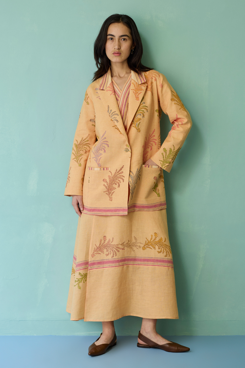 Sira Border Linen Floral Co-ord Set - Apricot linen co-ord set by Manan in apricot for women in Singapore