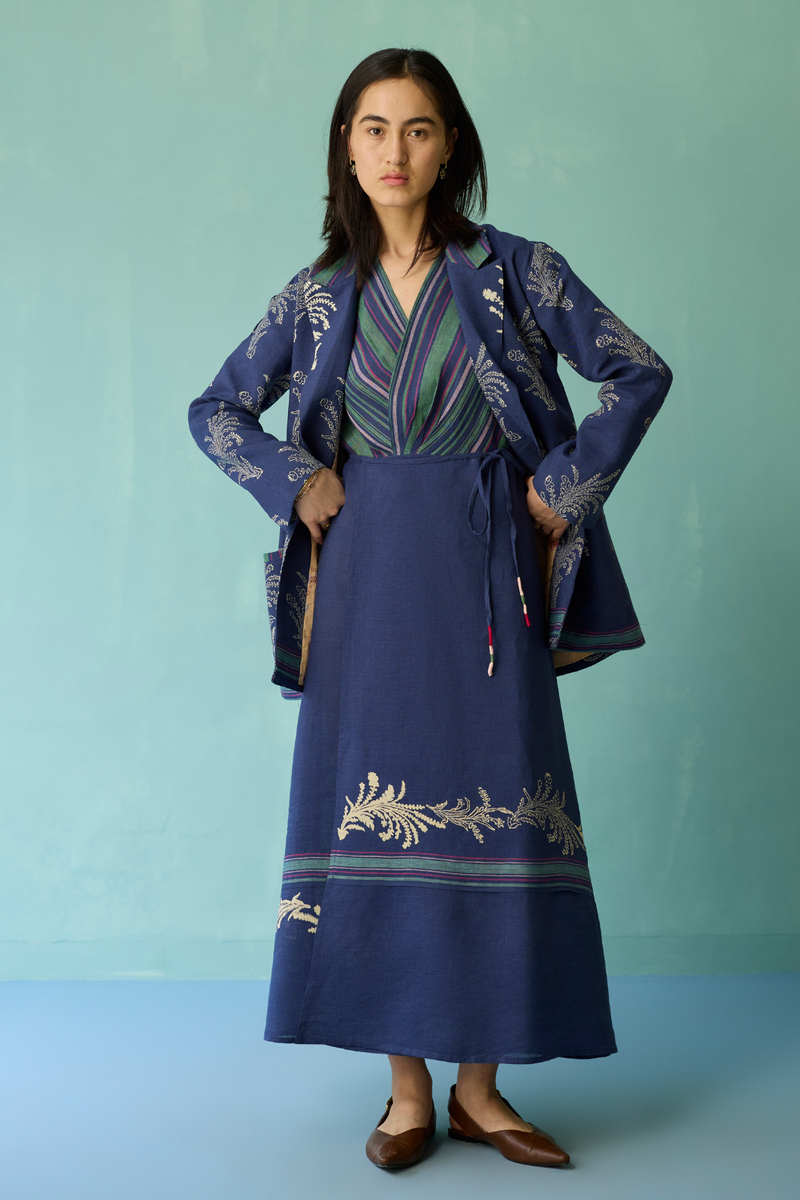 Sira Border Linen Floral Co-ord Set - Indigo linen co-ord set by Manan in navy for women in Singapore