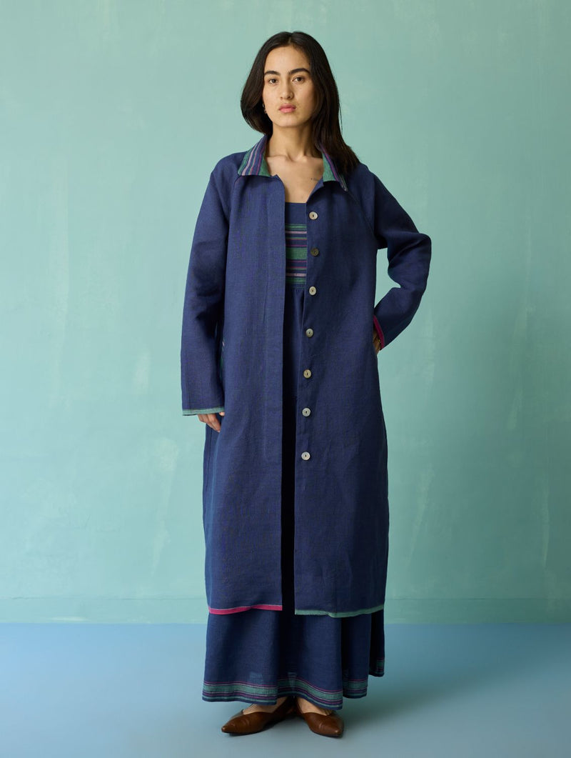Pera Border Linen Co-ord Set - Indigo linen co-ord set by Manan in navy for women in Singapore