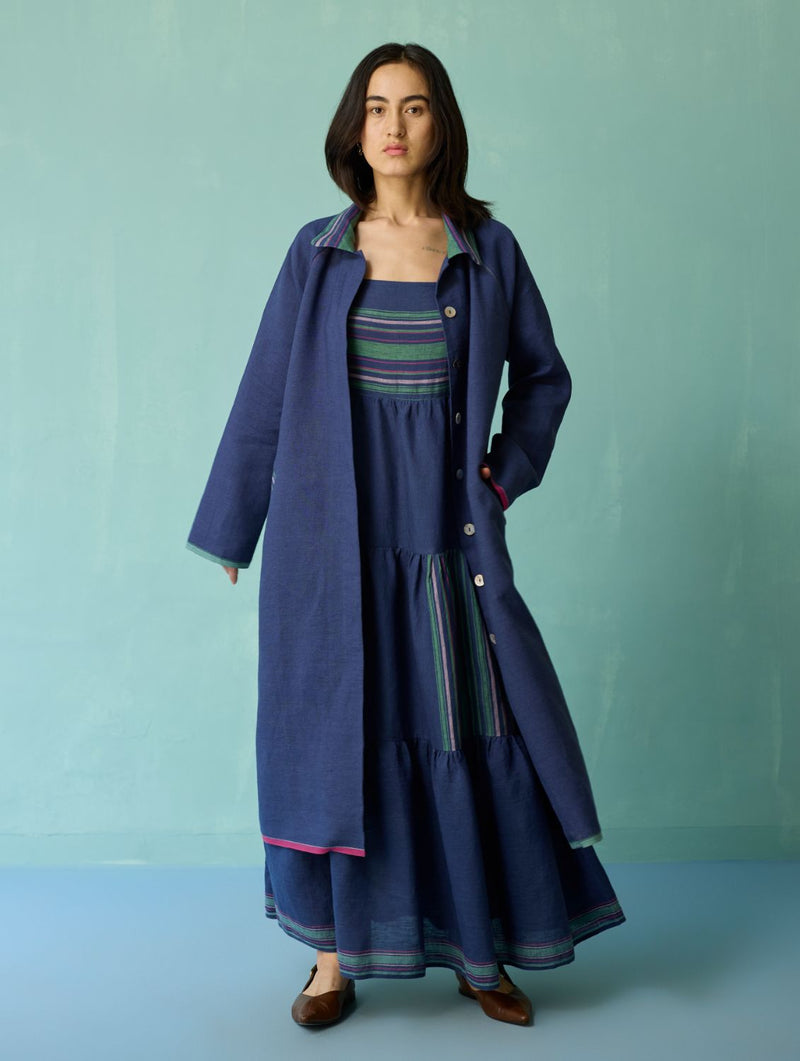Pera Border Linen Co-ord Set - Indigo linen co-ord set by Manan in navy for women in Singapore