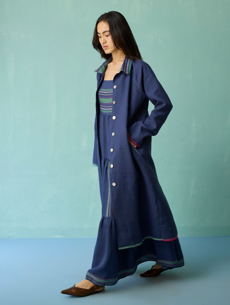 Pera Border Linen Co-ord Set - Indigo linen co-ord set by Manan in navy for women in Singapore