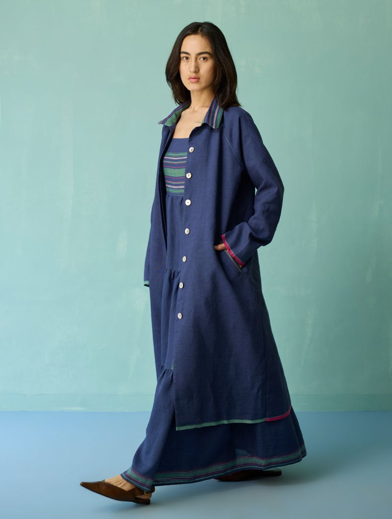 Pera Border Linen Co-ord Set - Indigo linen co-ord set by Manan in navy for women in Singapore