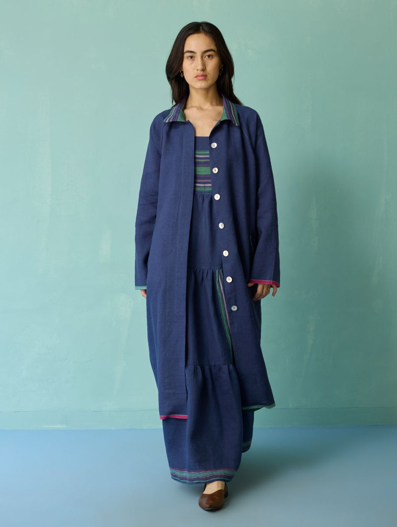 Pera Border Linen Co-ord Set - Indigo linen co-ord set by Manan in navy for women in Singapore
