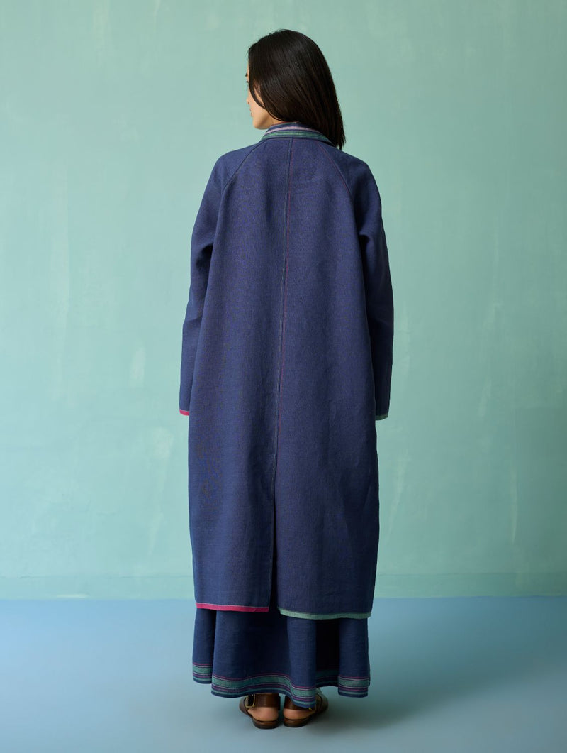 Pera Border Linen Co-ord Set - Indigo linen co-ord set by Manan in navy for women in Singapore